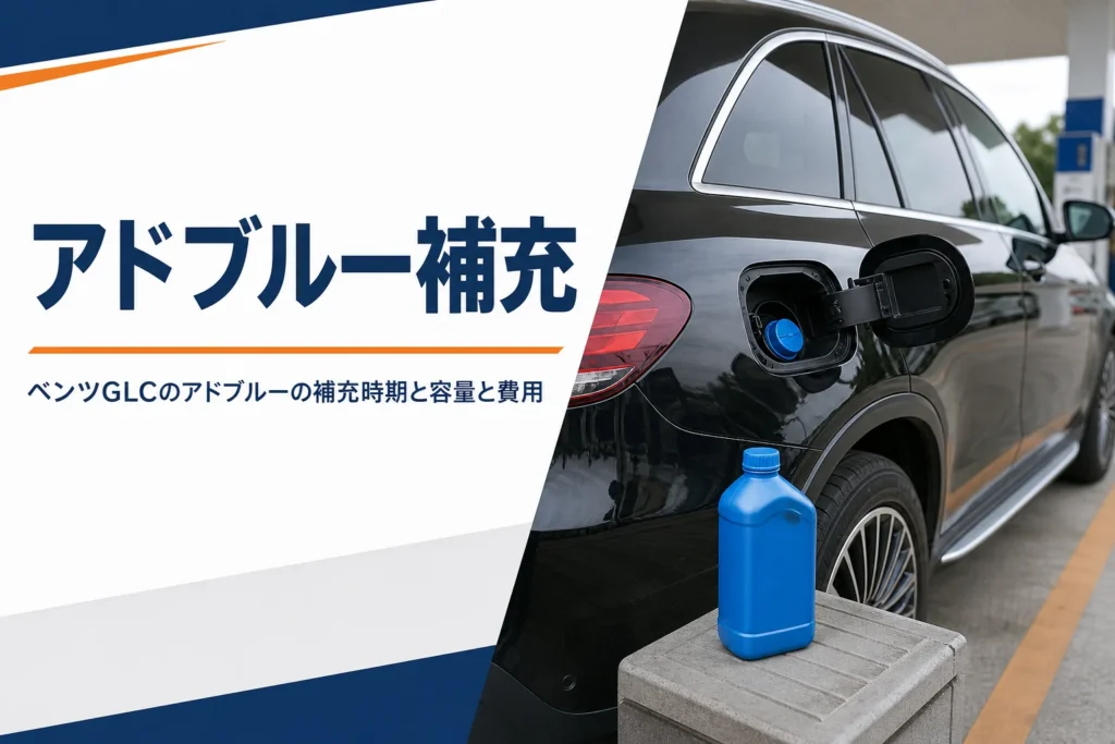 SUVの給油口の横に青いボトルを置いたベンツGLCのアドブルー補充の記事のアイキャッチ