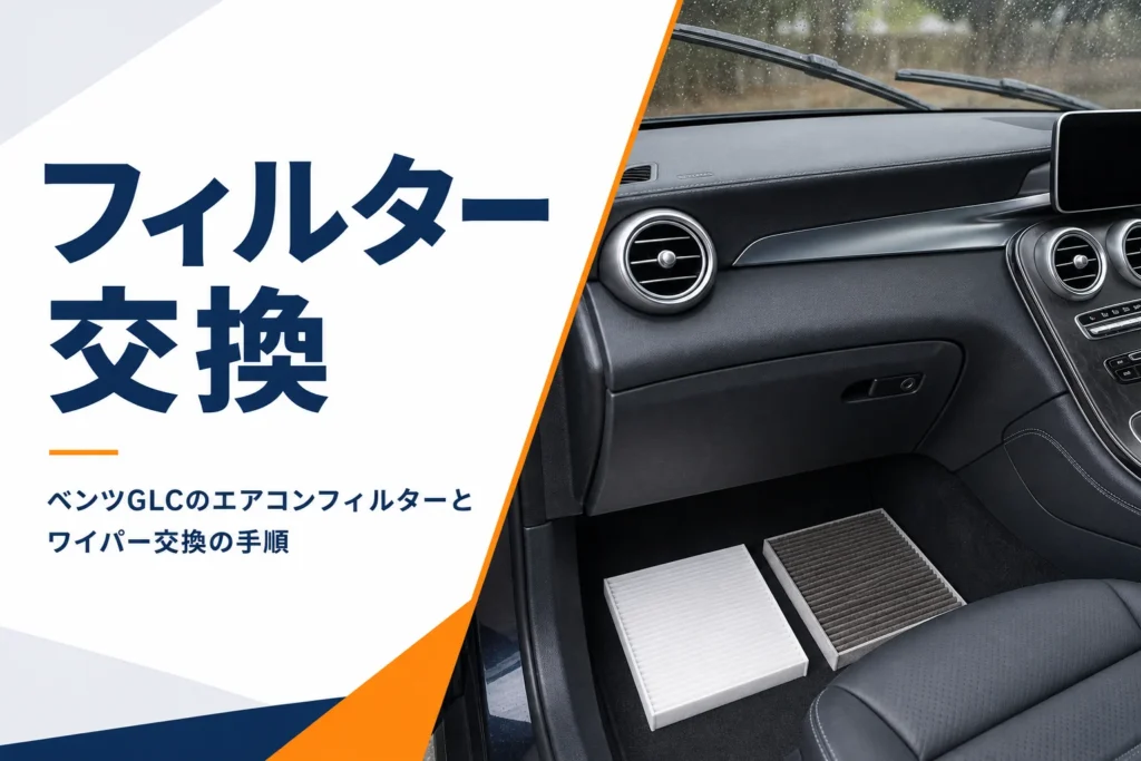 新品と汚れたエアコンフィルターを並べたベンツGLCのエアコンフィルター交換記事のアイキャッチ