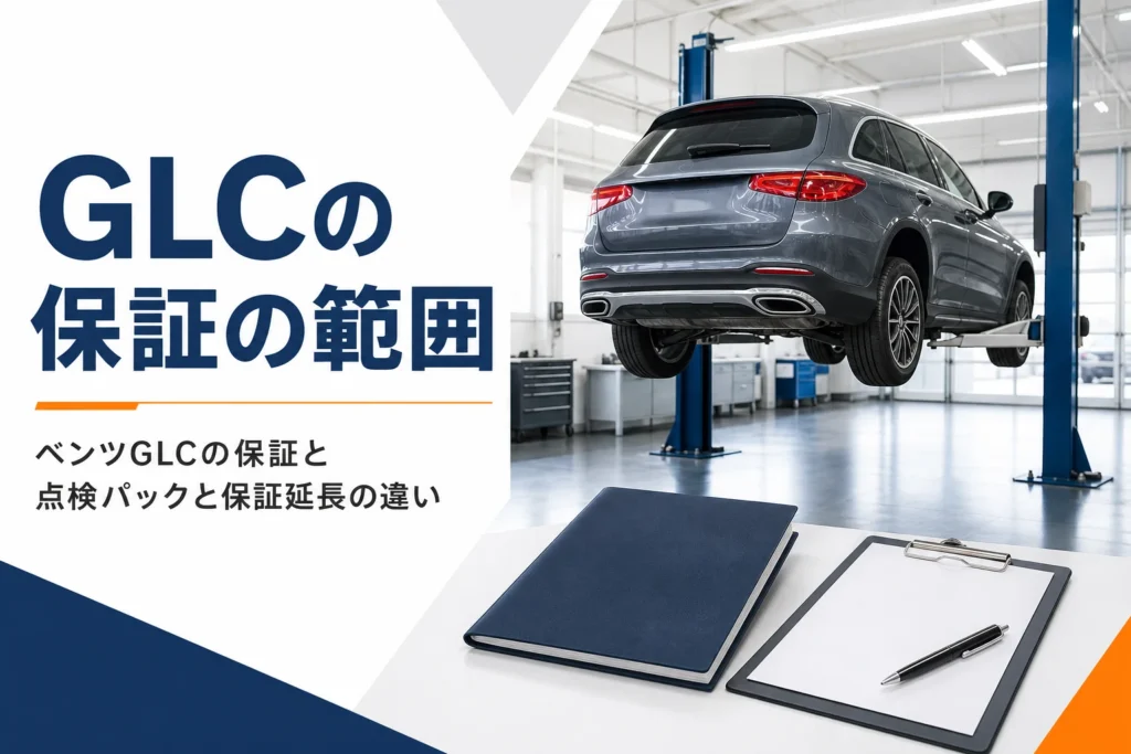 整備工場のSUVと保証書のファイルを写したベンツGLCの保証の記事のアイキャッチ