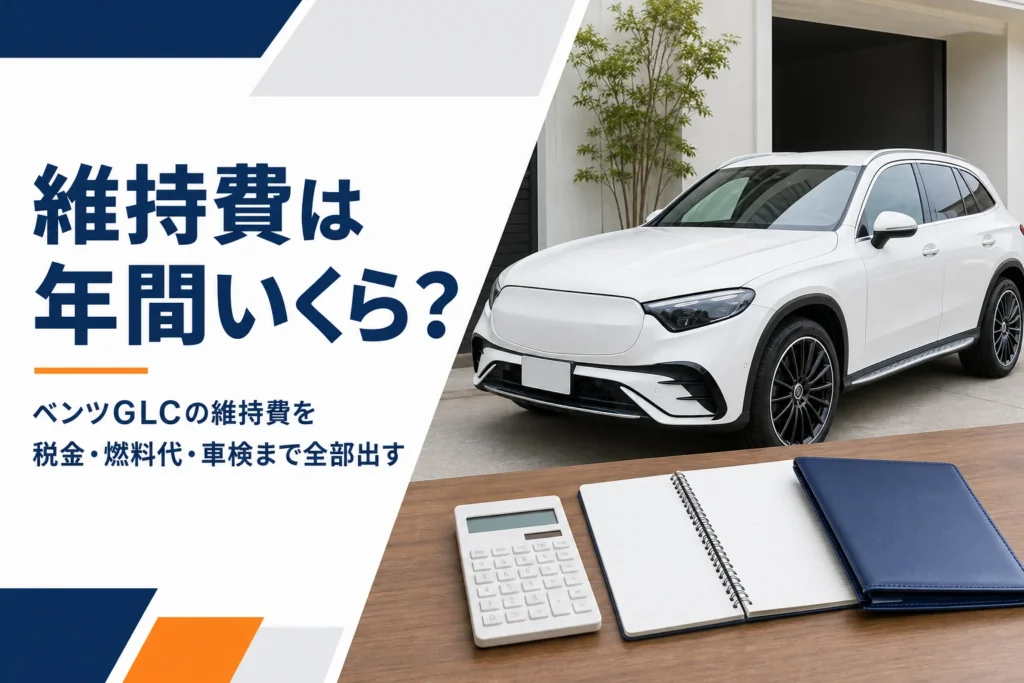 ガレージのSUVの横に電卓とノートを置いたベンツGLCの維持費の記事のアイキャッチ