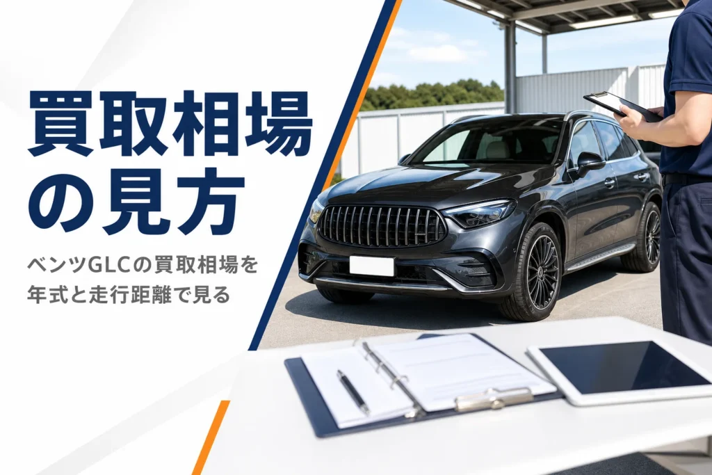 査定スペースに停まった高級SUVと査定用のバインダーを写したベンツGLCの買取相場の記事のアイキャッチ