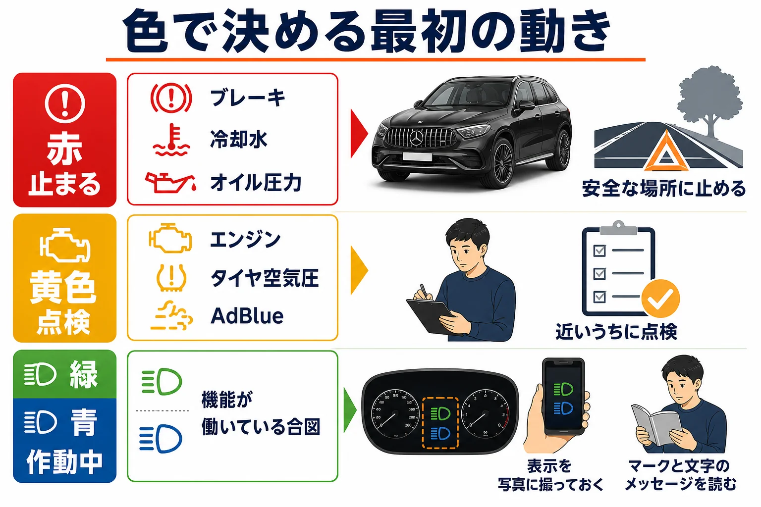 ベンツGLCの警告灯を赤・黄色・緑青の色で分け、それぞれの動き方を並べた図