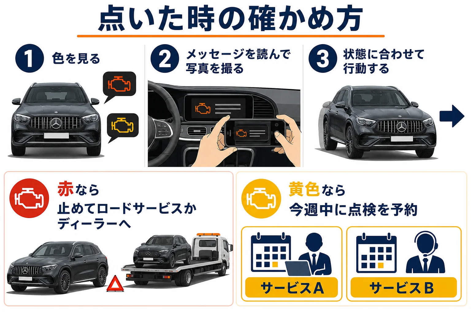ベンツGLCの警告灯が点いた時の動き方を、確かめる順番で並べた図