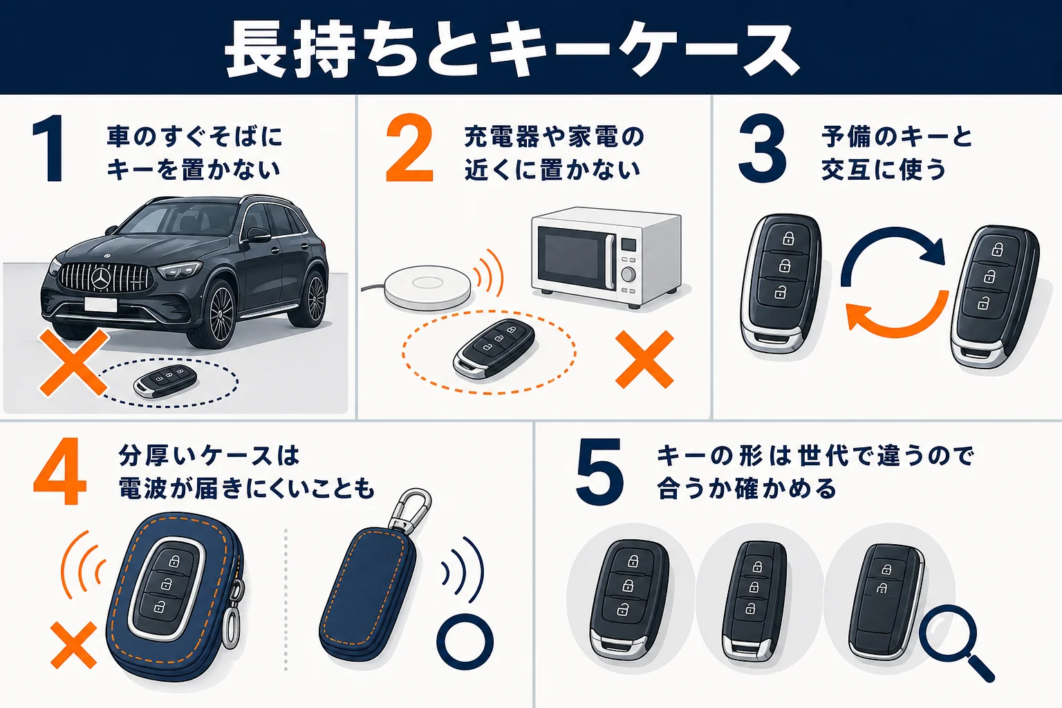 ベンツGLCのキー電池を長持ちさせる置き場所と、キーケースを選ぶ時のポイントを並べた図