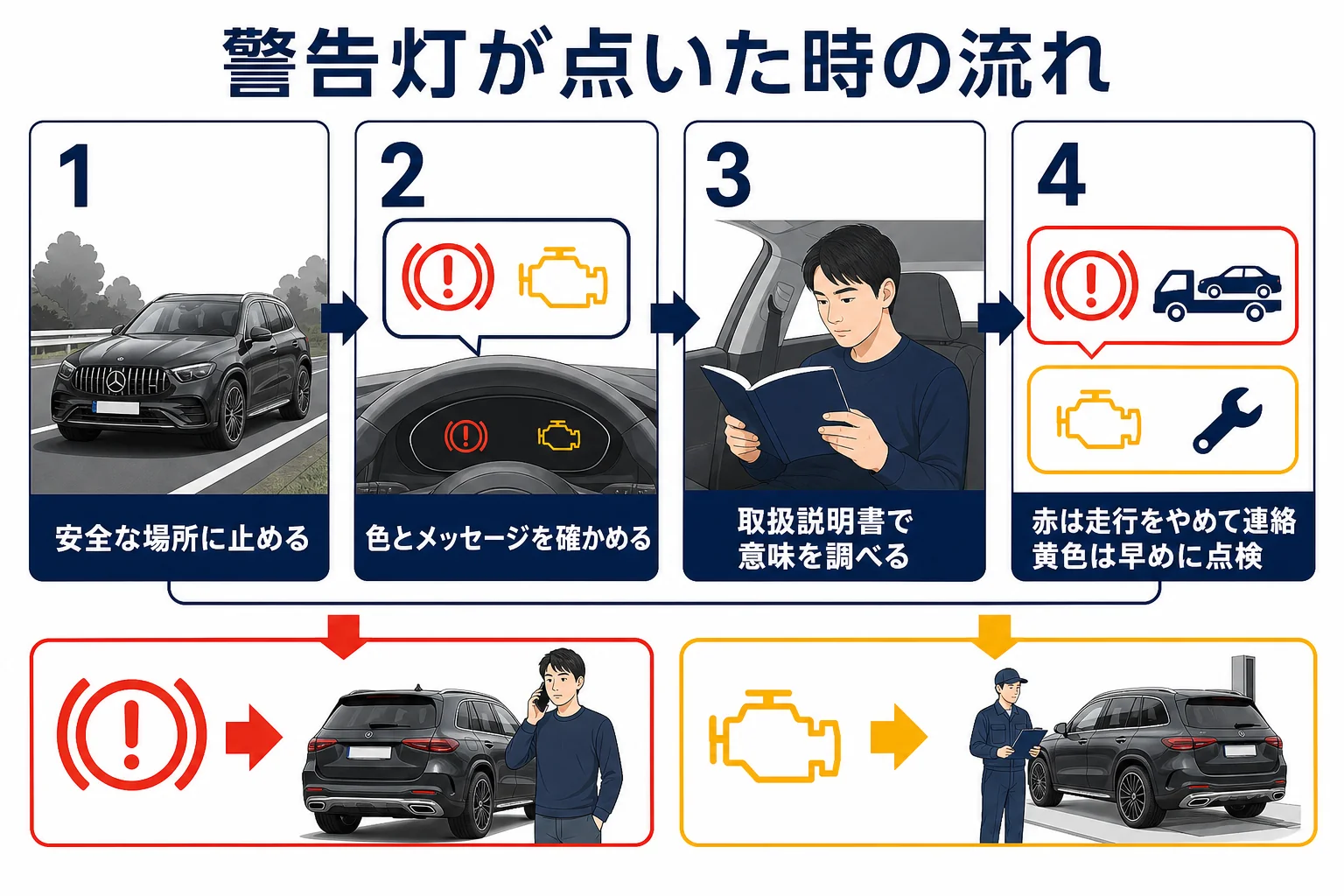ベンツGLCで警告灯が点いた時の確かめ方の流れを示した図