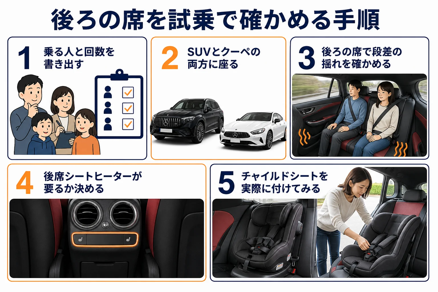 ベンツGLCの後部座席を試乗で確かめる5つの手順の図