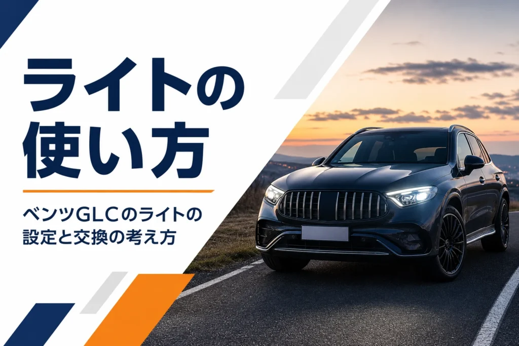 夕暮れにヘッドライトを点けて走るSUVを写したベンツGLCのライトの記事のアイキャッチ