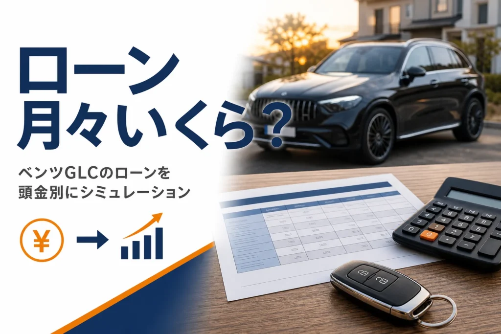 シミュレーション表と電卓の奥に黒いSUVが見える、ベンツGLCのローン記事のアイキャッチ