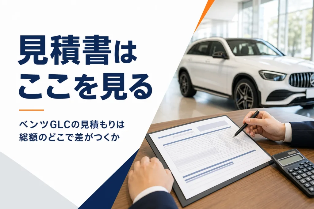 商談テーブルの見積書と電卓を写したベンツGLCの見積もり記事のアイキャッチ