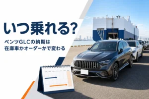 港に並ぶ新車のSUVとカレンダーを写したベンツGLCの納期記事のアイキャッチ