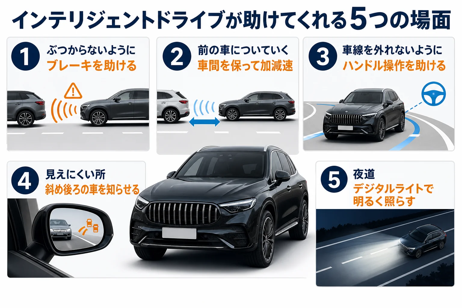 ベンツGLCのインテリジェントドライブで支援される5つの場面を並べた図
