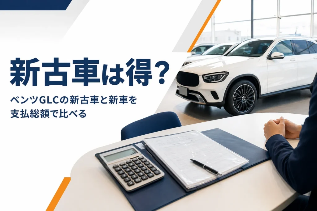 展示場の白いSUVと車検証を写したベンツGLCの新古車記事のアイキャッチ