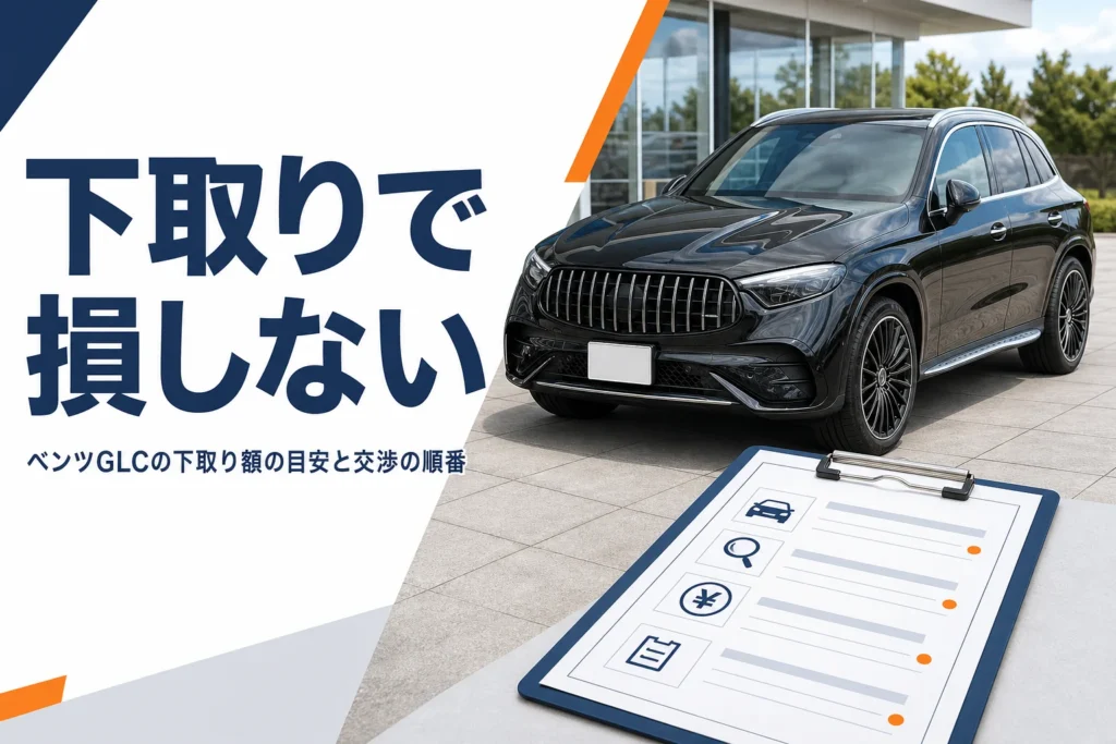 黒いSUVの横に査定シートが置かれた、ベンツGLCの下取り記事のアイキャッチ