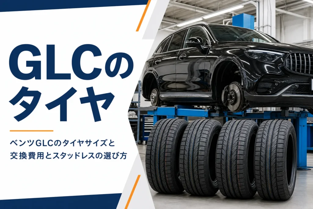 新品タイヤが並ぶピットでリフトに上がったSUVを写したベンツGLCのタイヤ記事のアイキャッチ