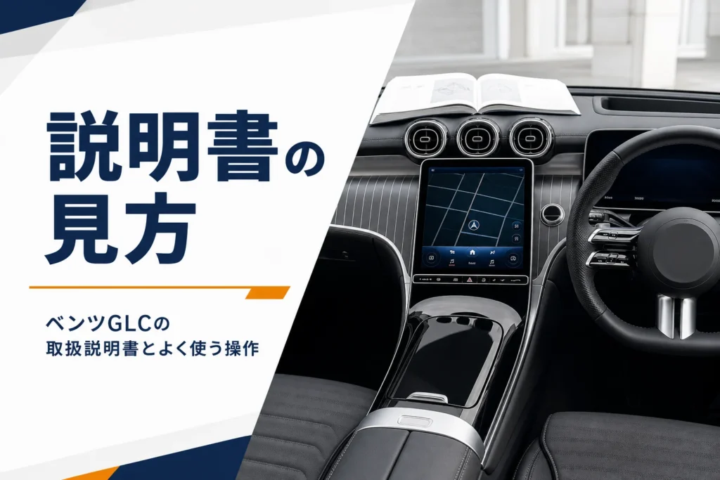 運転席のディスプレイと冊子を写したベンツGLCの取扱説明書の記事のアイキャッチ