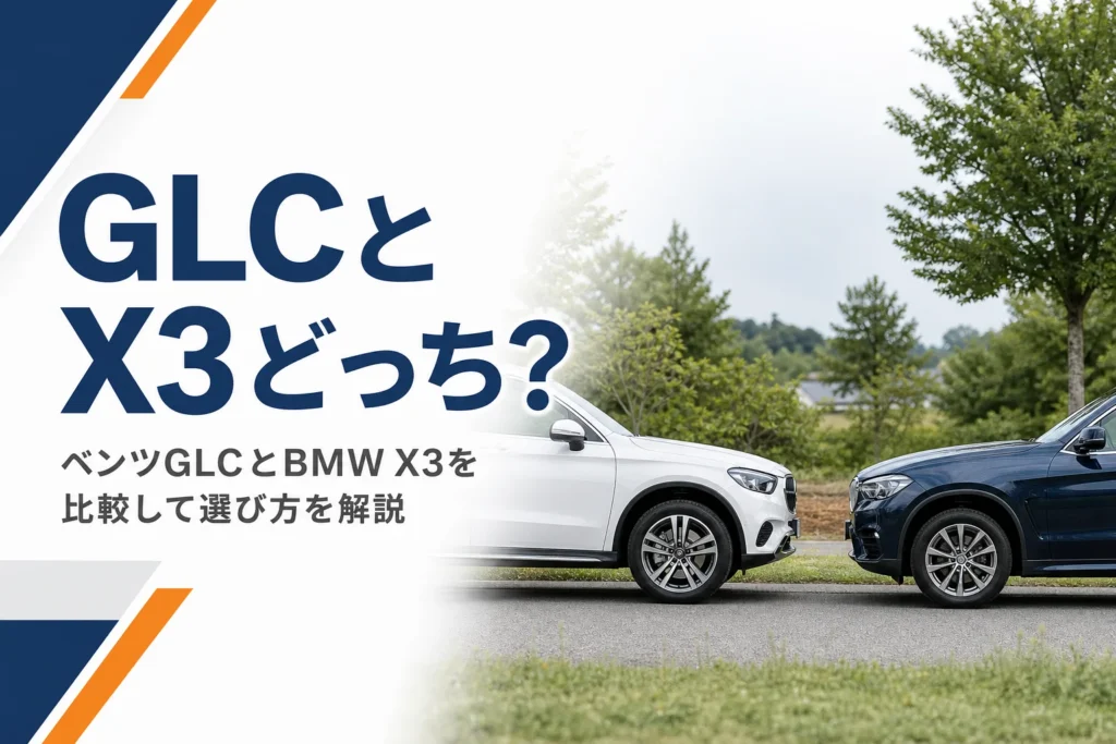 2台の中型SUVが並んだ、ベンツGLCとBMW X3の比較記事のアイキャッチ
