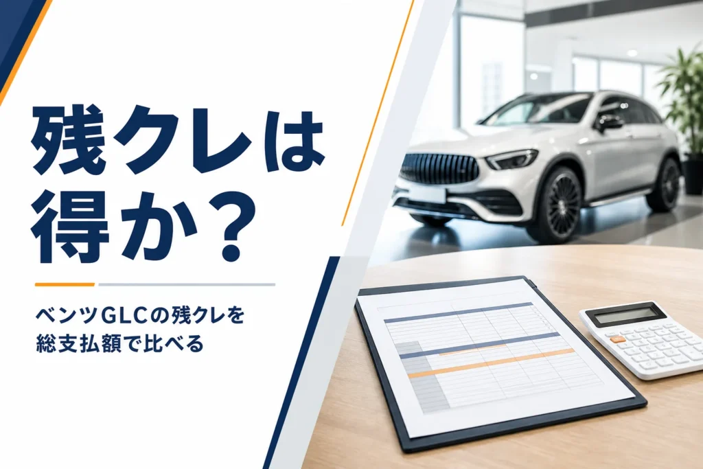 見積書と電卓の奥に白いSUVが見える、ベンツGLCの残クレ記事のアイキャッチ