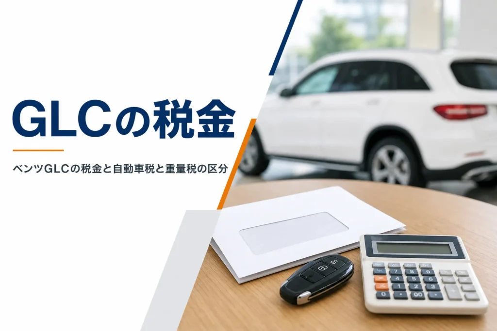 納税の封筒と電卓と車のキーを写したベンツGLCの税金の記事のアイキャッチ